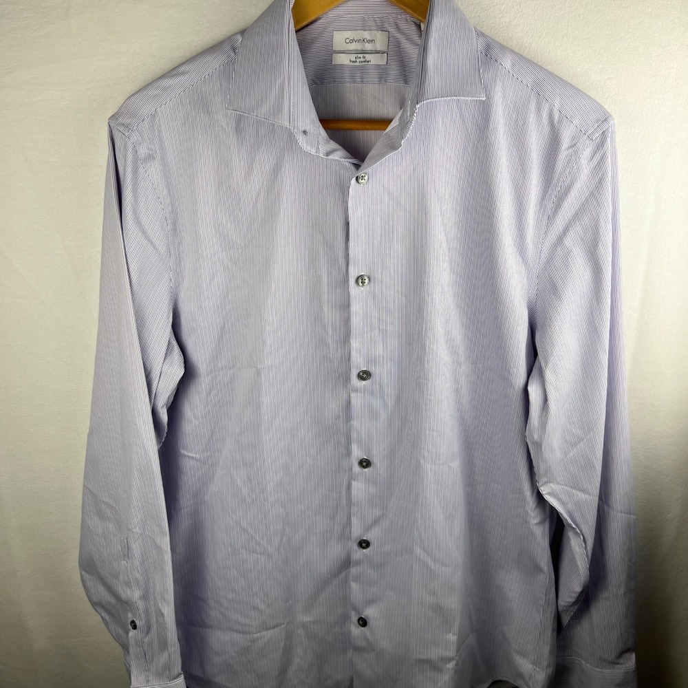 Calvin Klein Mens Slim Fit Fresh Comfort Striped Dress Shirt Purple White M 15.5